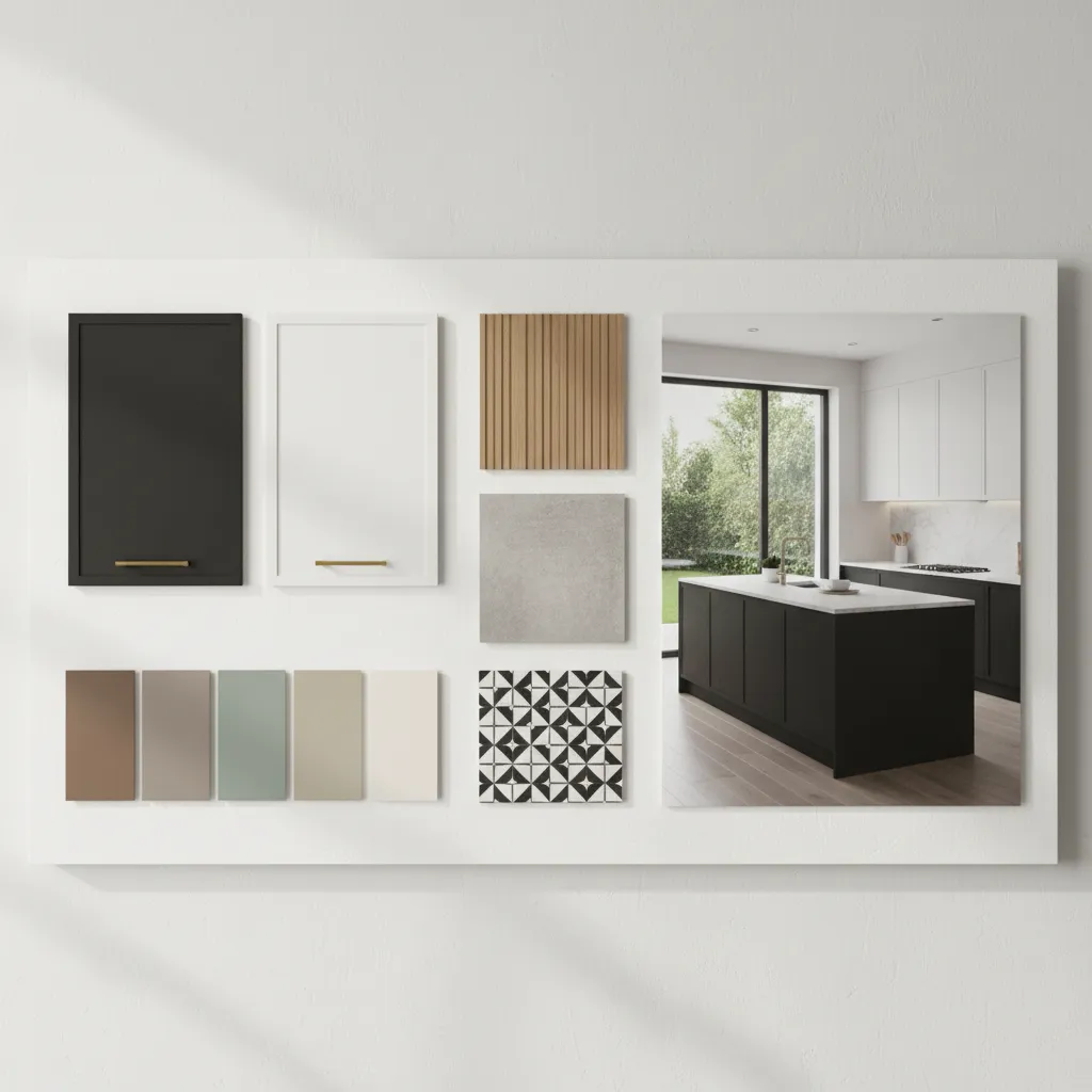 Wall color palette options beside black and white kitchen cabinets
