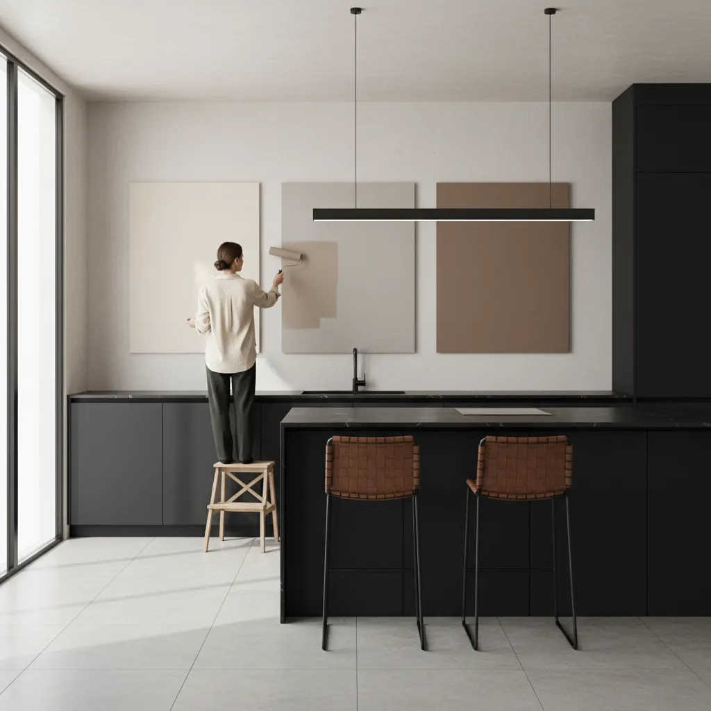 Kitchen wall paint samples tested beside black cabinets