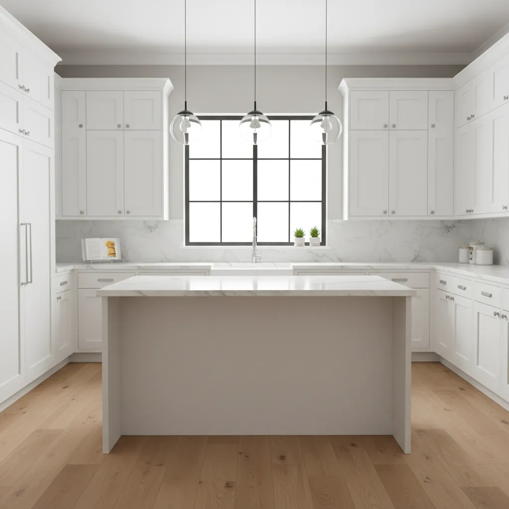 kitchen with white cabinets and soft greige wall color
