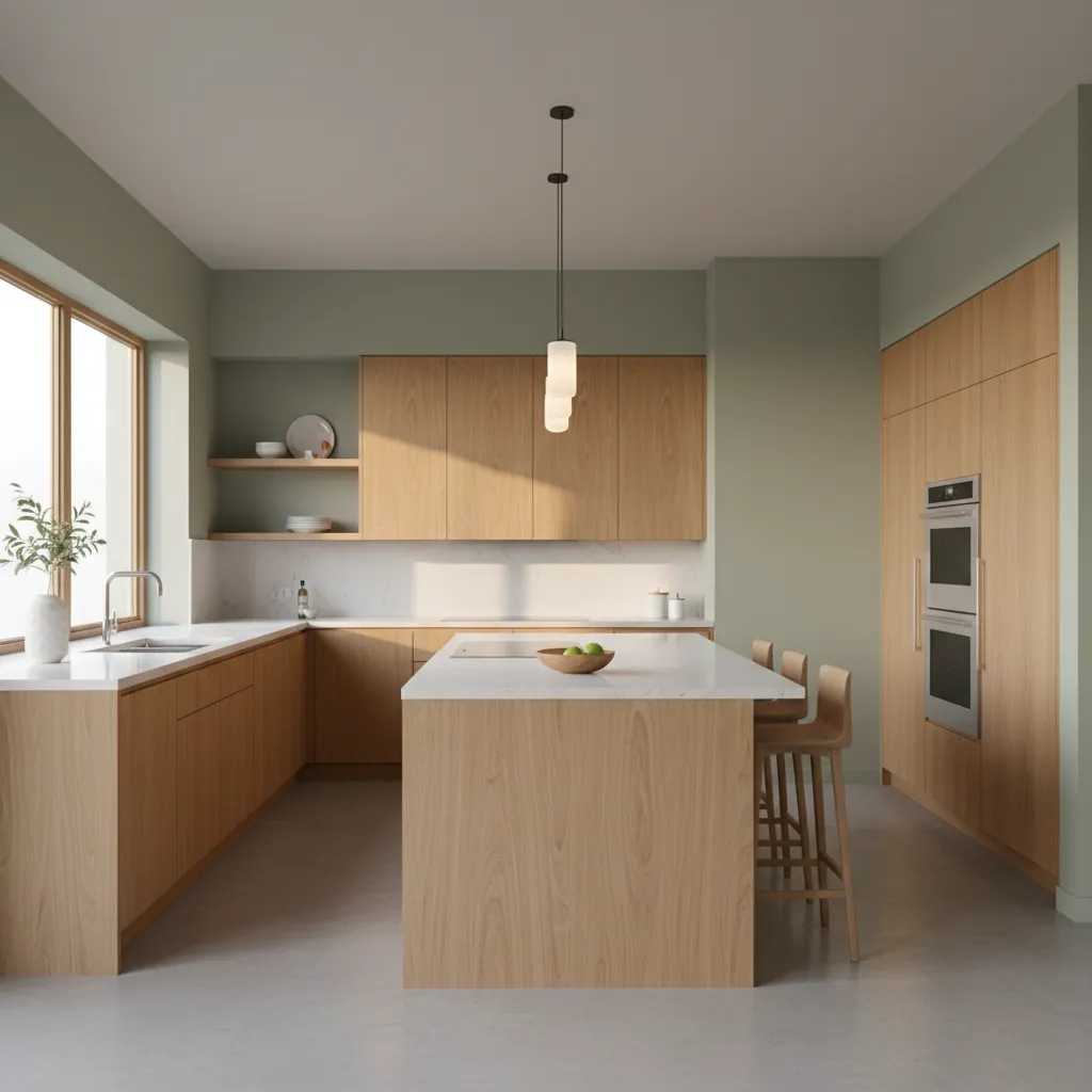 Modern kitchen with light wood cabinets, sage green walls, marble island, stools, and ceiling light