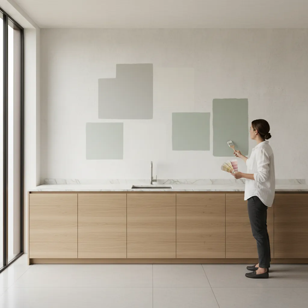 kitchen wall paint samples comparing light grey white and sage green