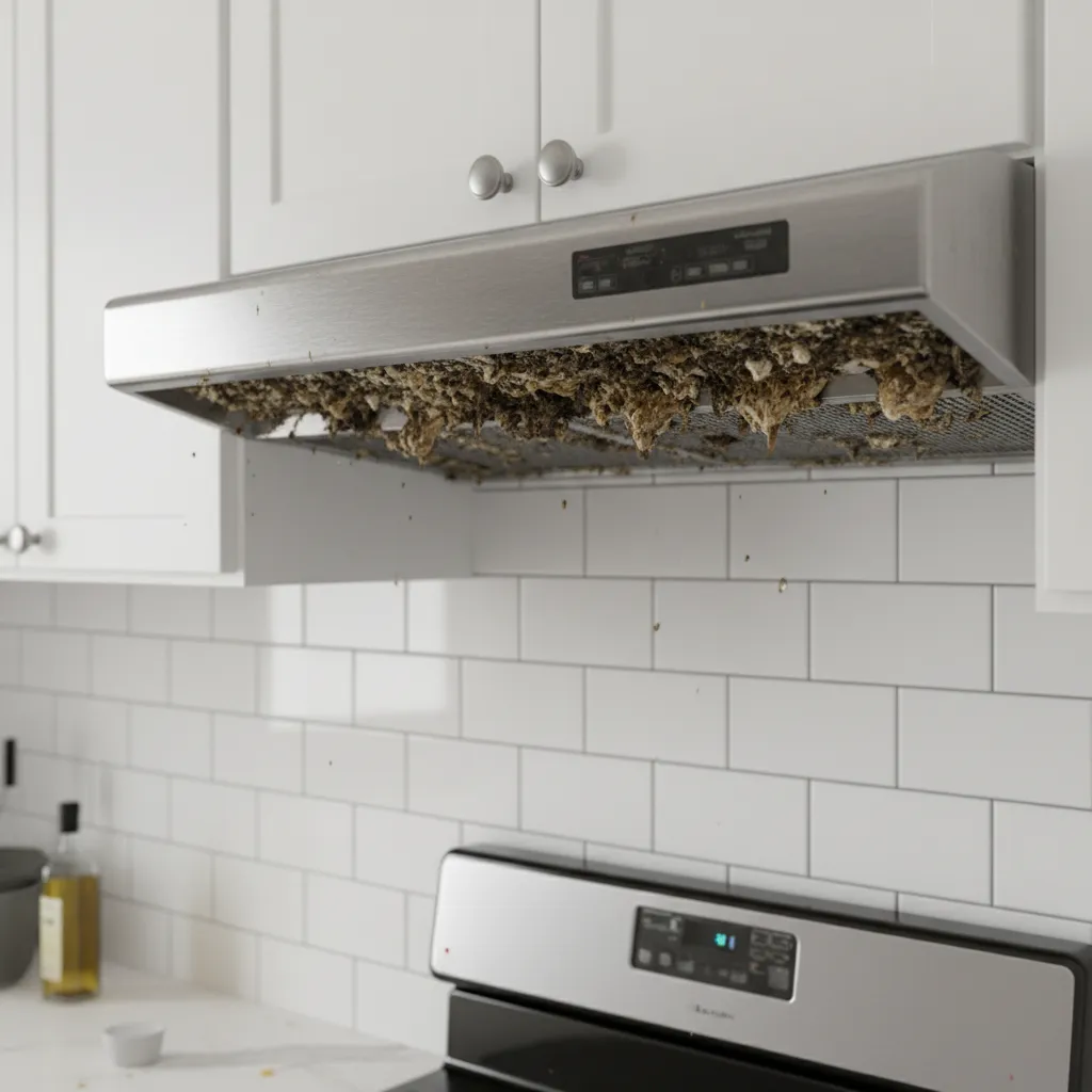 Kitchen wall exhaust fan with visible grease buildup on grille