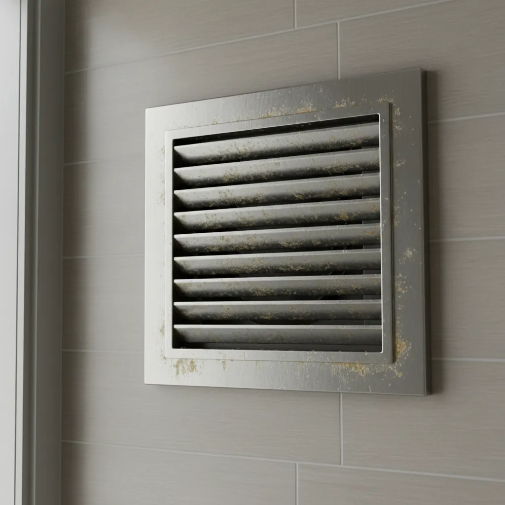 Square metal exhaust fan on a kitchen wall showing a lot of oily grease and dirt