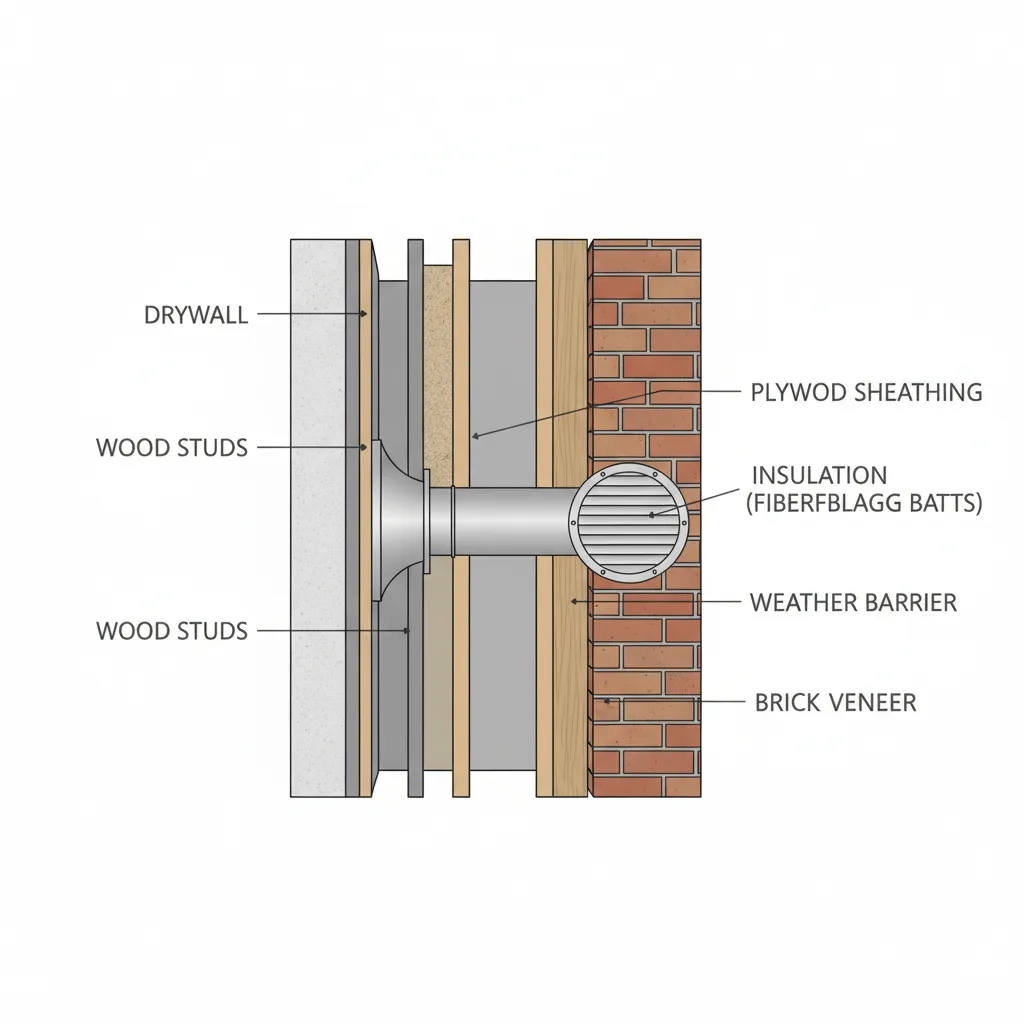 Diagram showing proper wall sleeve and mounting for kitchen exhaust fan