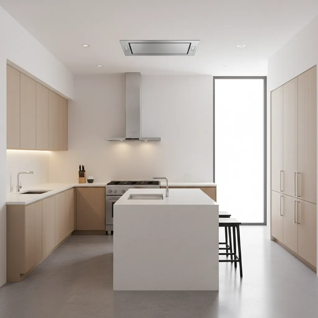Wall mounted kitchen exhaust fan installed above a cooking area