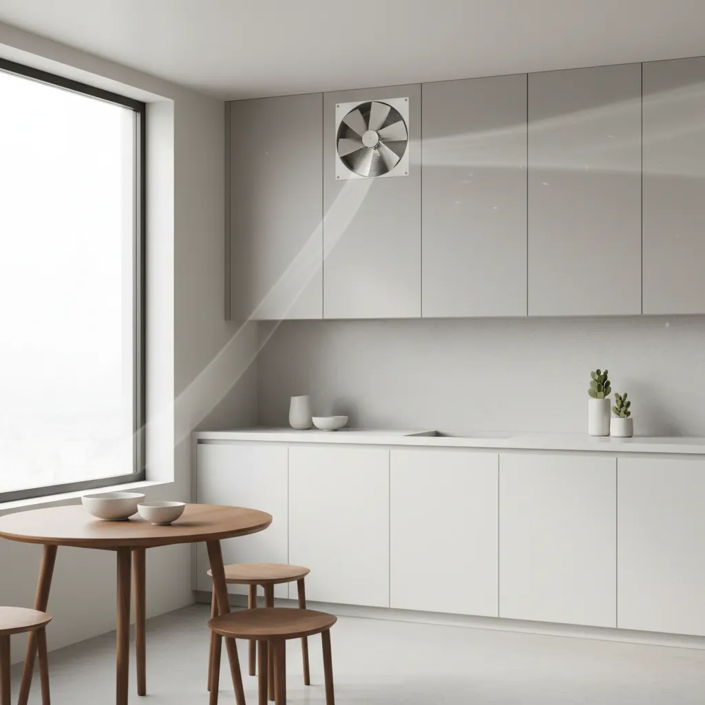 Kitchen wall fan mounted high above cabinets improving airflow