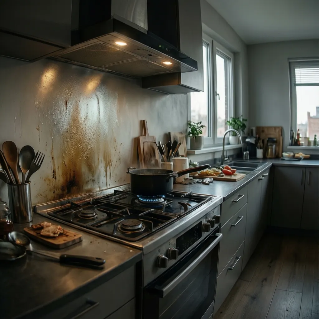 Example of grease buildup on a painted kitchen wall near a stovetop