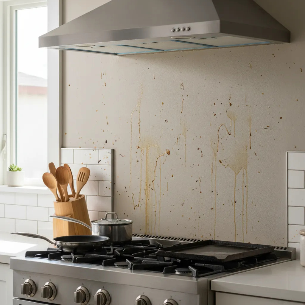 Dirty kitchen wall with brown grease splatters behind a metal stove and silver cooking hood