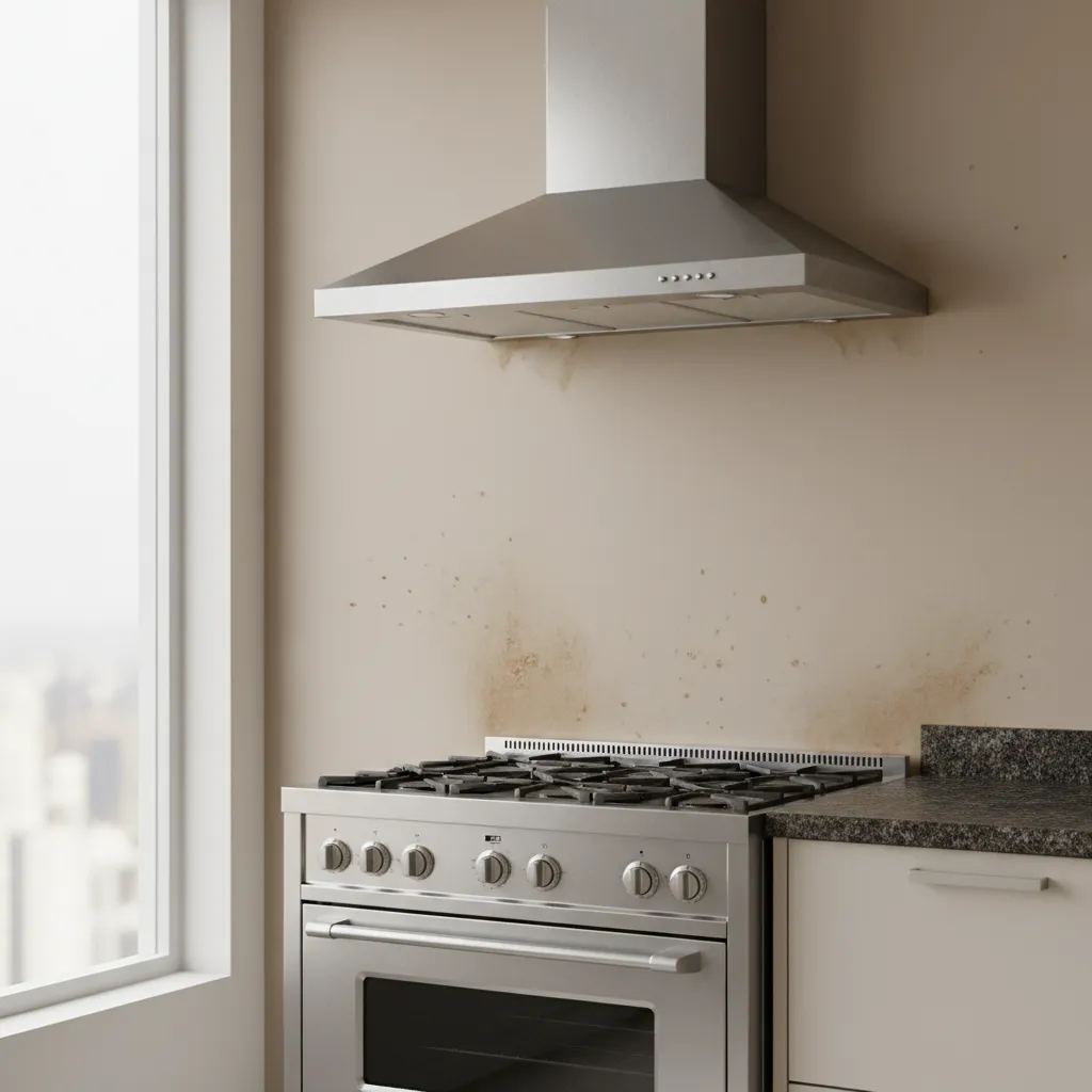 Grease stains visible on a kitchen wall next to a stove
