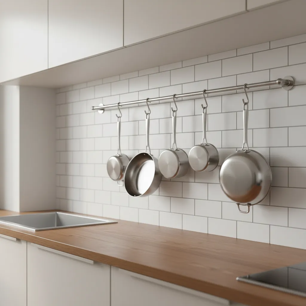 Kitchen wall with metal rail hooks displaying stainless steel pots and pans