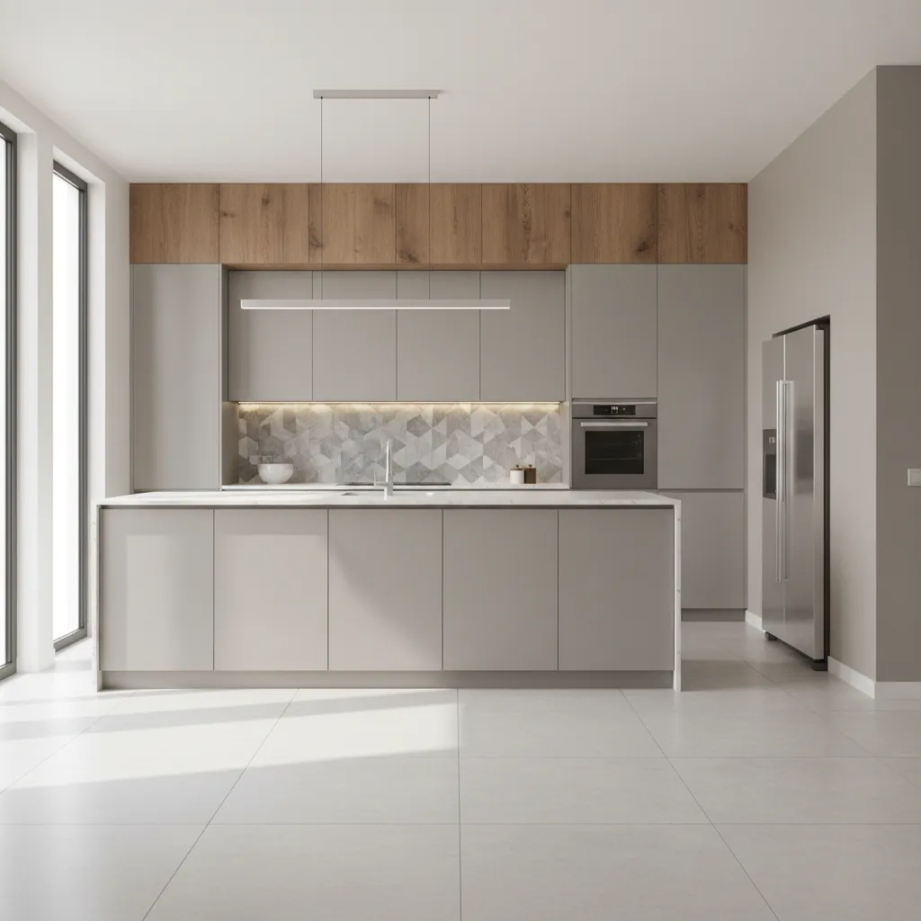 Modern kitchen showing different wall finishes including paint tile and panels