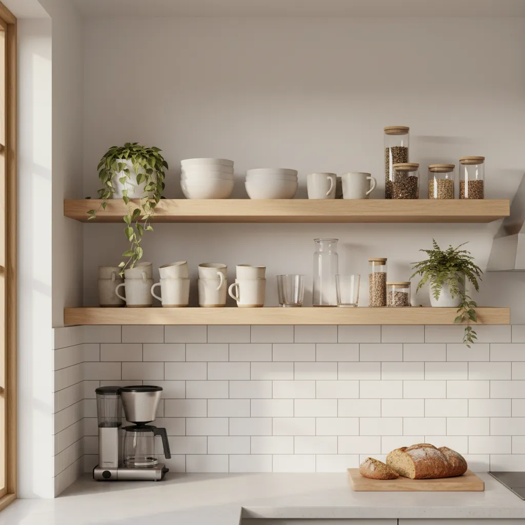 Kitchen wall with wooden open shelves holding mugs, jars, plants, and coffee maker on counter