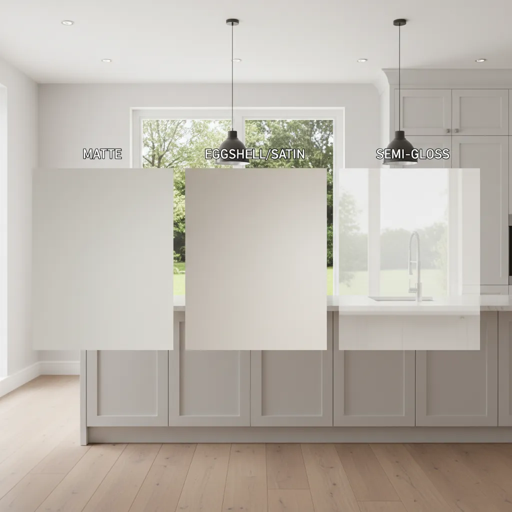 comparison of matte satin and semi gloss wall paint finishes in kitchen