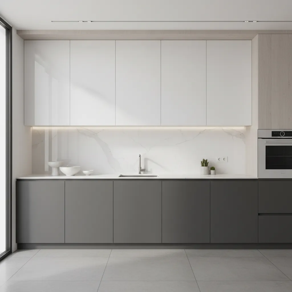 Modern kitchen using glossy wall panels as backsplash