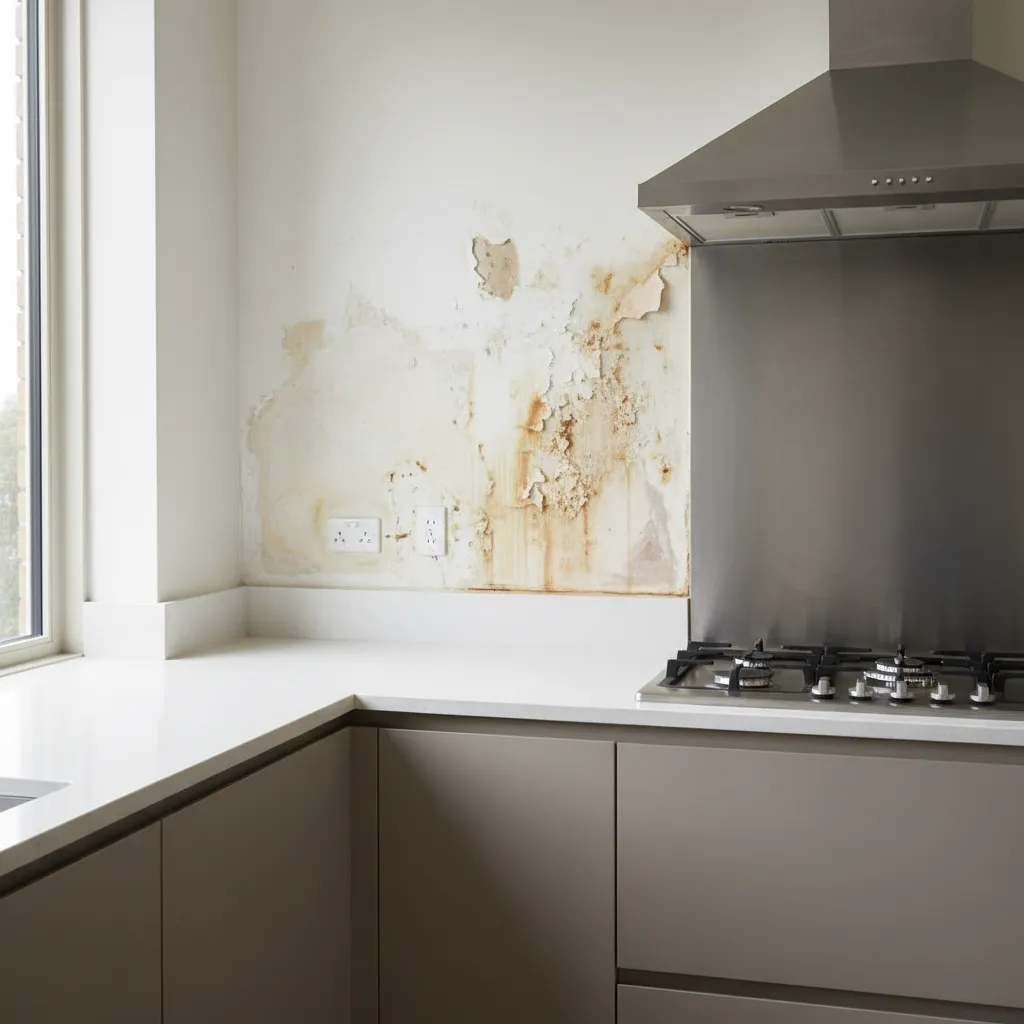 Kitchen wall with peeling paint and grease stains near stove