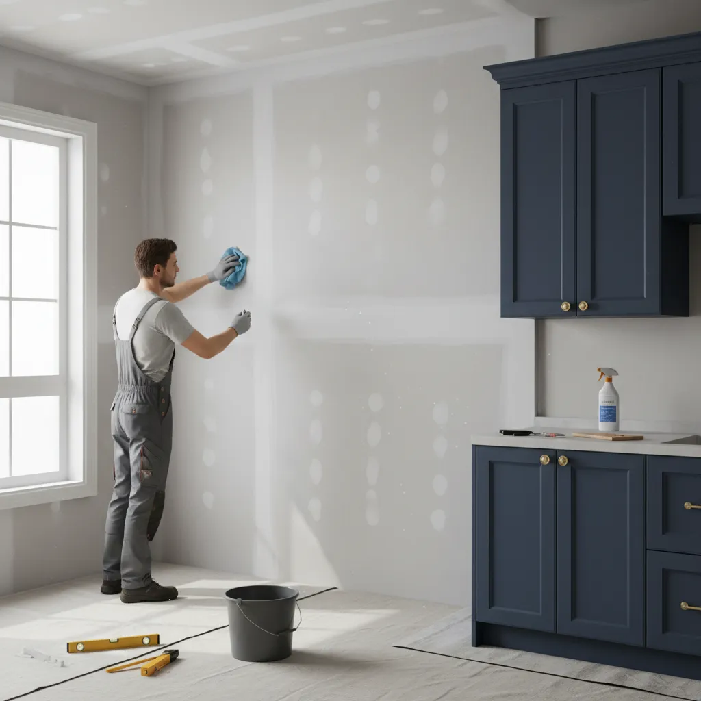 Cleaning and preparing kitchen wall before applying cabinet adhesive