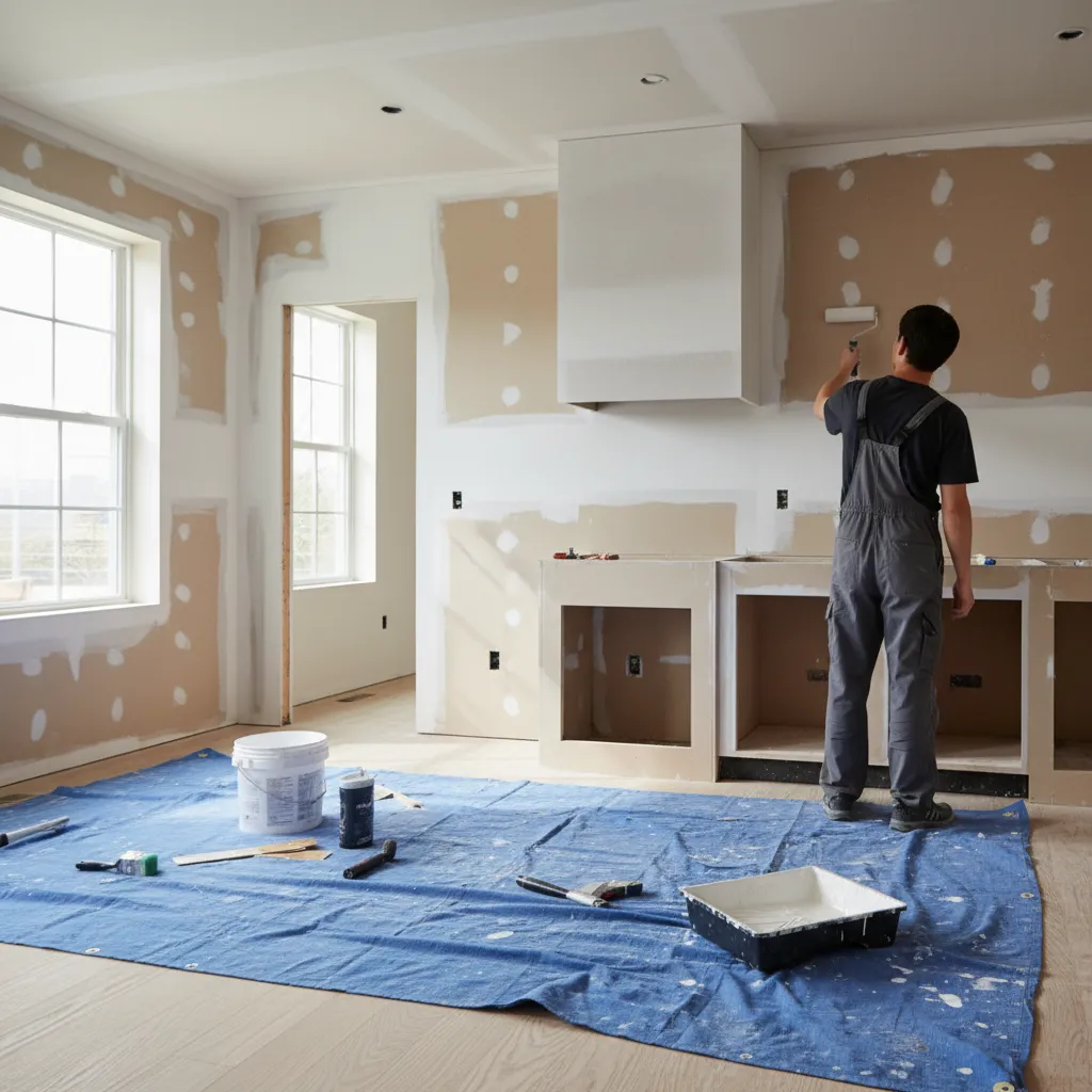 Applying primer to kitchen walls before painting renovation