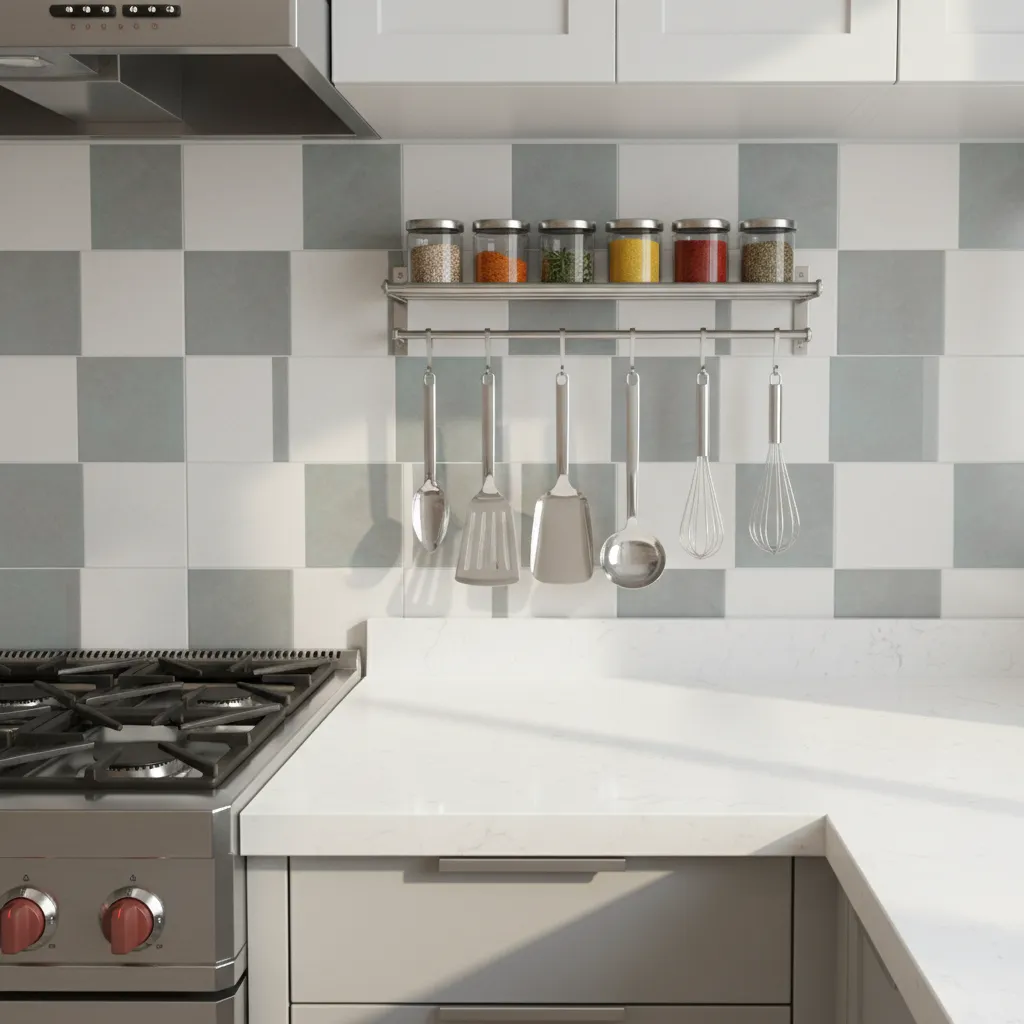 Example of correct height placement for kitchen wall rack above countertop