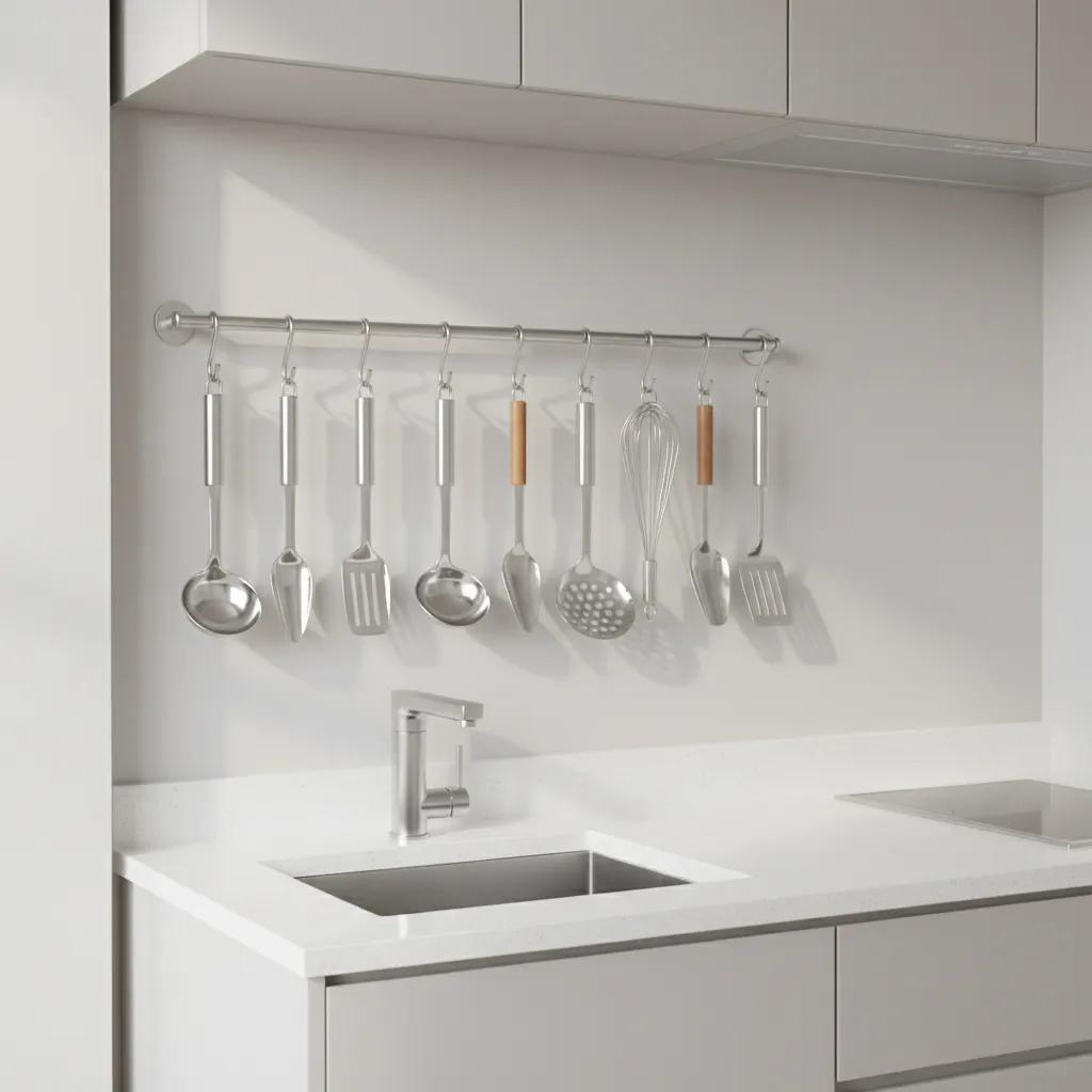 Kitchen rail system with hanging utensils on wall