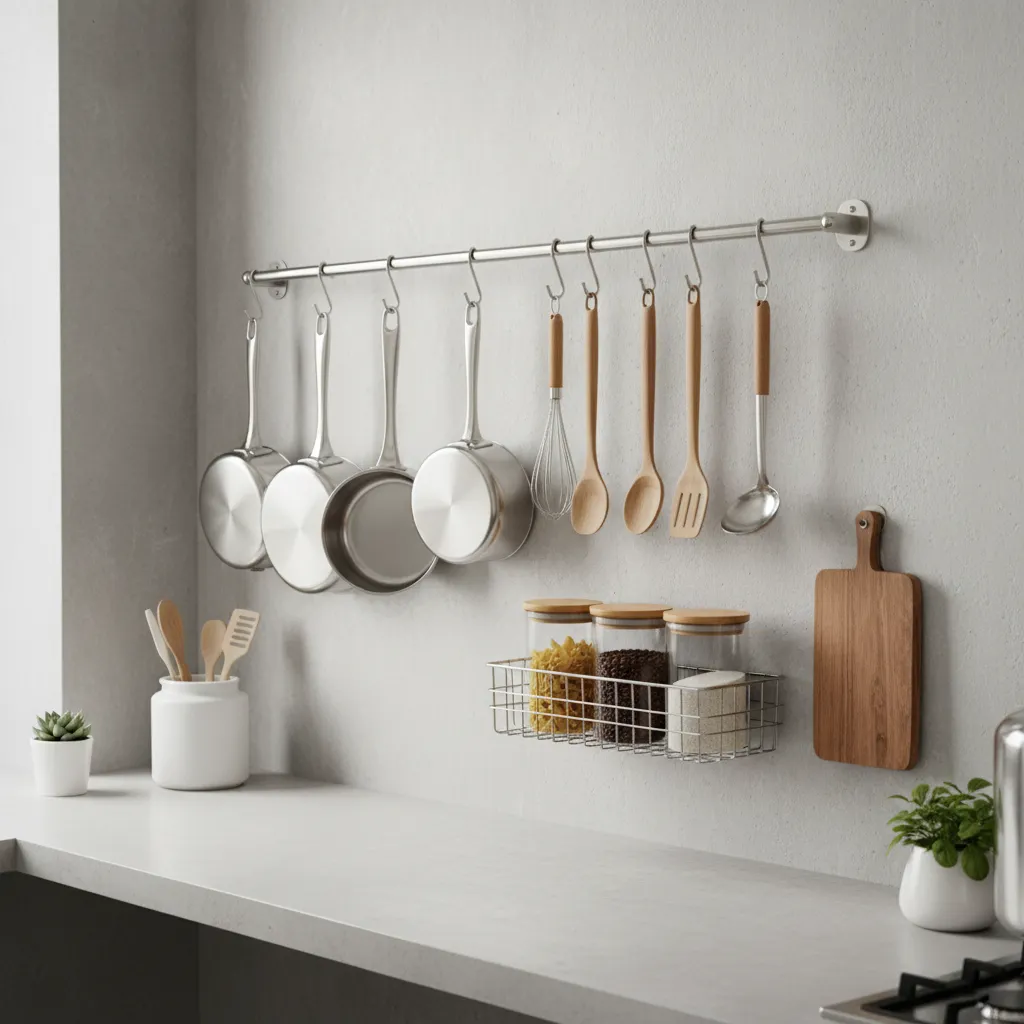 kitchen wall rails with hanging utensils and cookware