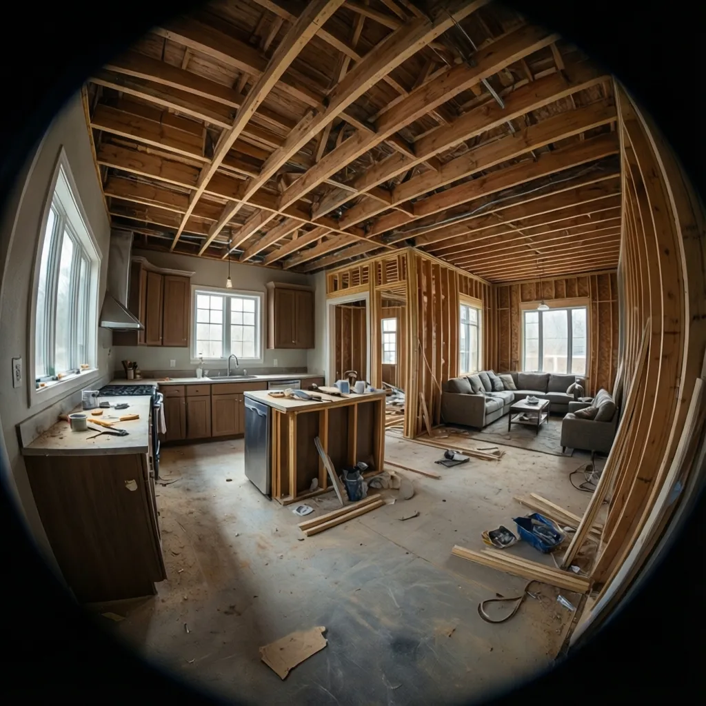 Kitchen renovation showing structural beam after wall removal