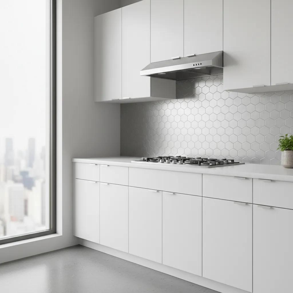 Modern white kitchen cabinets with hexagon tile backsplash gas cooktop and large window city view