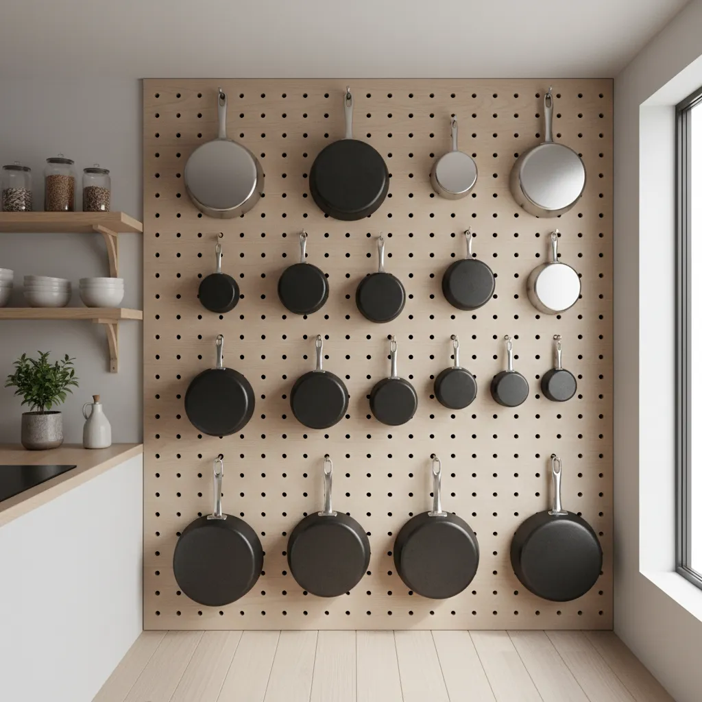 Kitchen pegboard wall storing pots pans and utensils in small cooking space