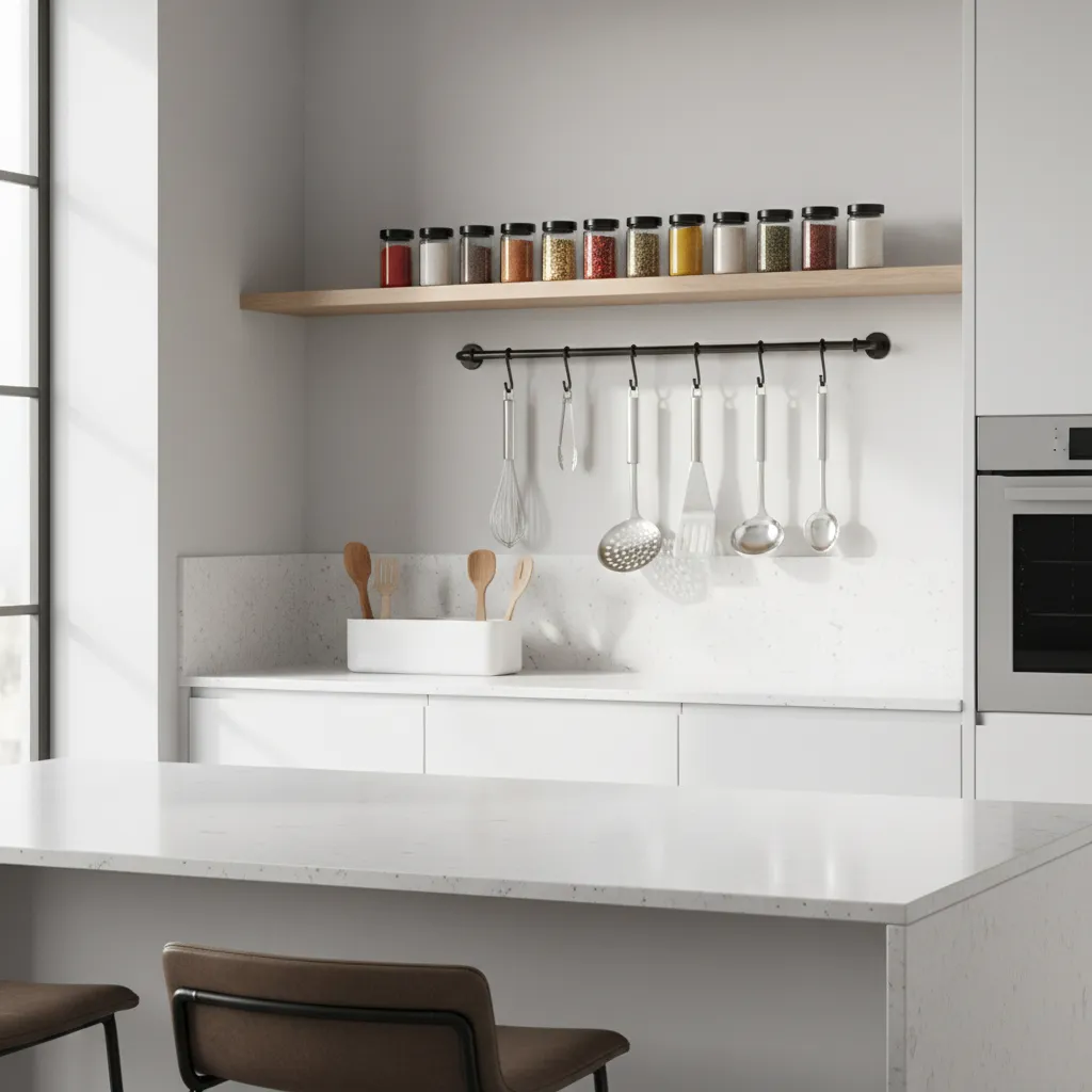 Kitchen wall rail storage with utensils above organized countertop