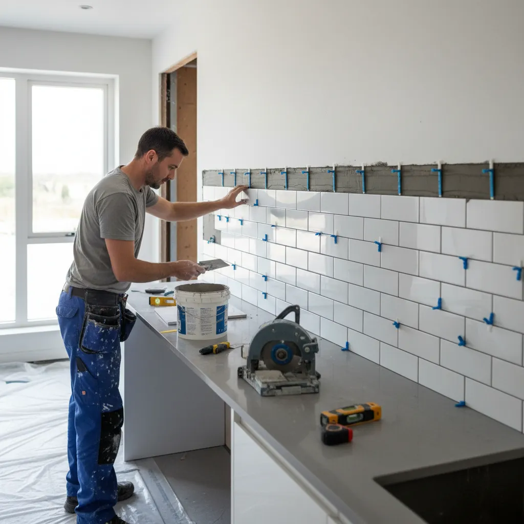 contractor installing kitchen backsplash tile on wall