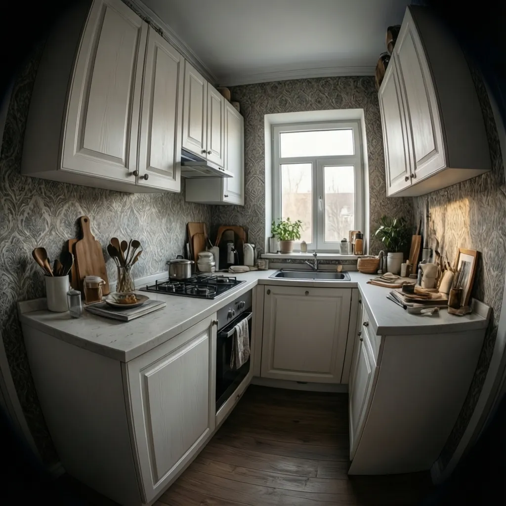 Small kitchen showing wallpaper paired with light cabinets