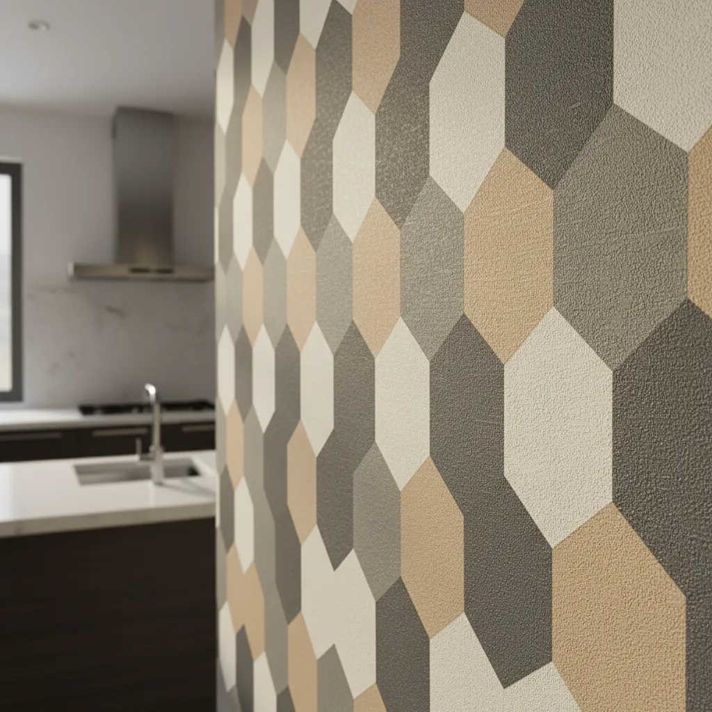 Close up view of textured vinyl wallpaper used on a kitchen wall