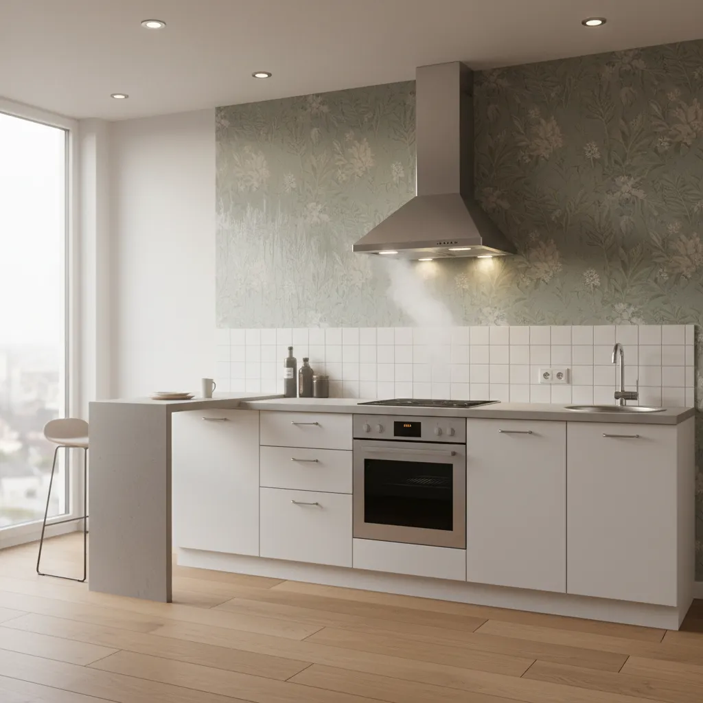 Kitchen wallpaper showing moisture exposure near stovetop