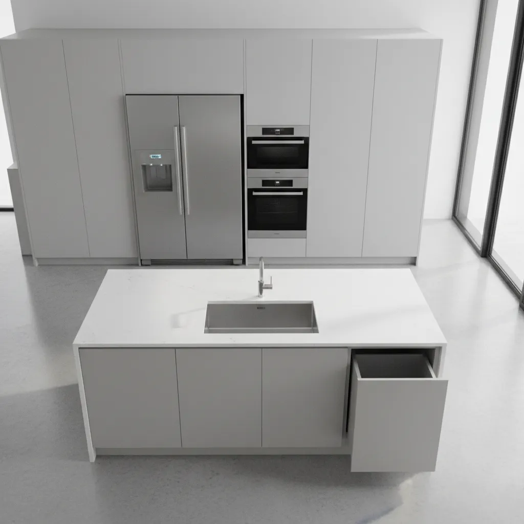 kitchen layout showing prep sink and trash workflow zone
