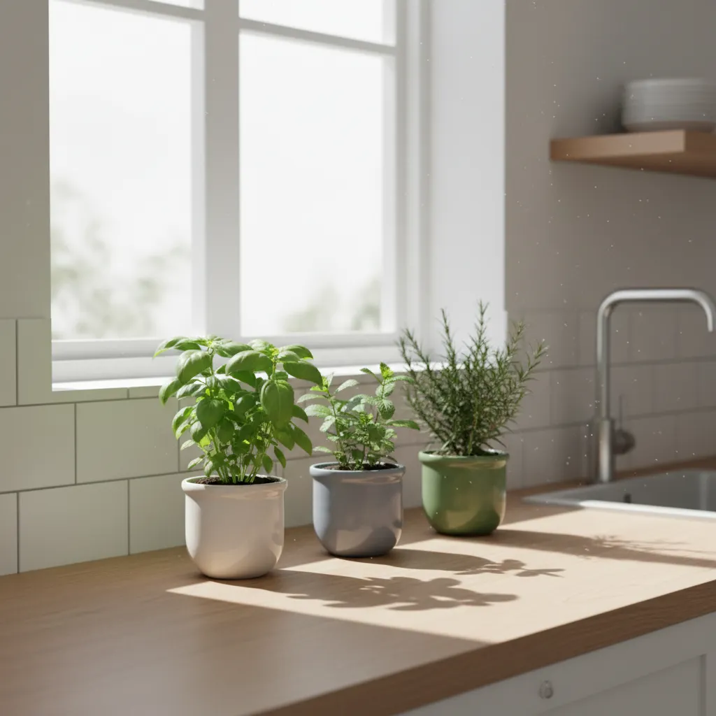 Kitchen window with small herb garden plants in ceramic pots