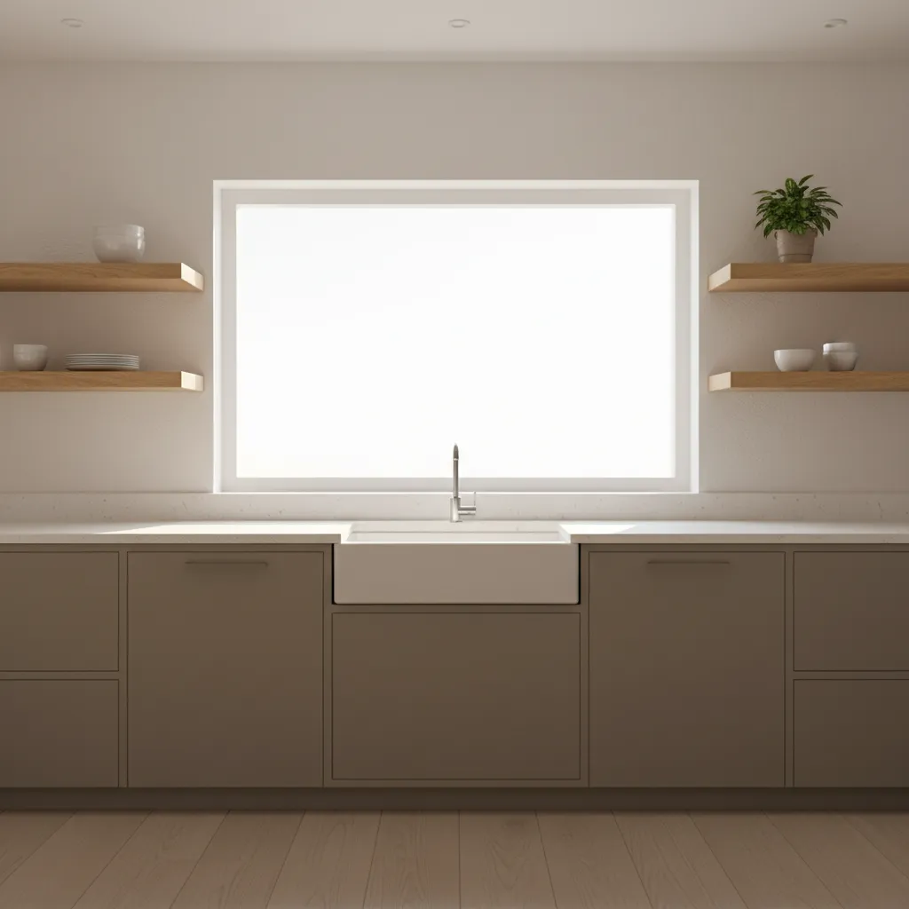 Kitchen window with open shelves on both sides in a modern U shaped layout