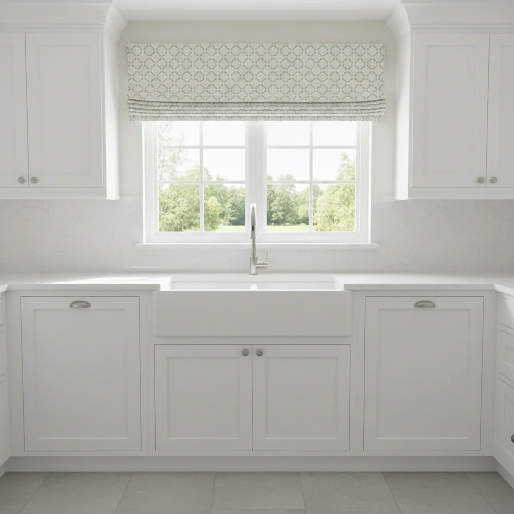 Kitchen window with simple tailored fabric valance above the frame