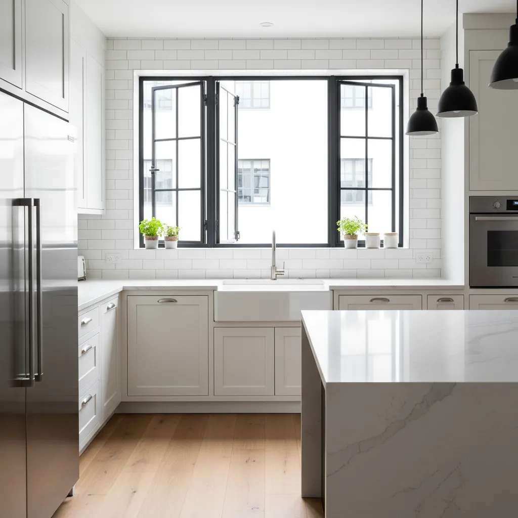 Cocina moderna con ventana abatible abierta para ventilación