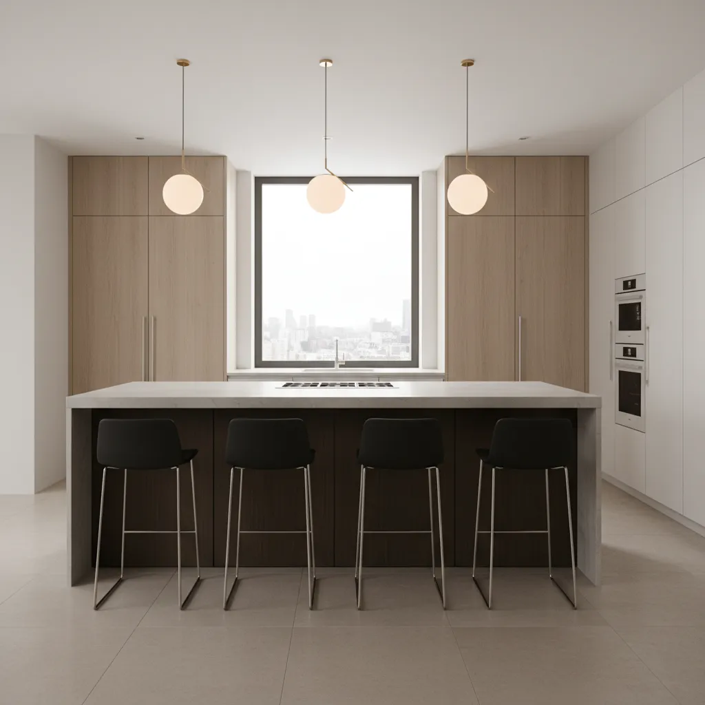 Large kitchen island with seating for four in an open layout