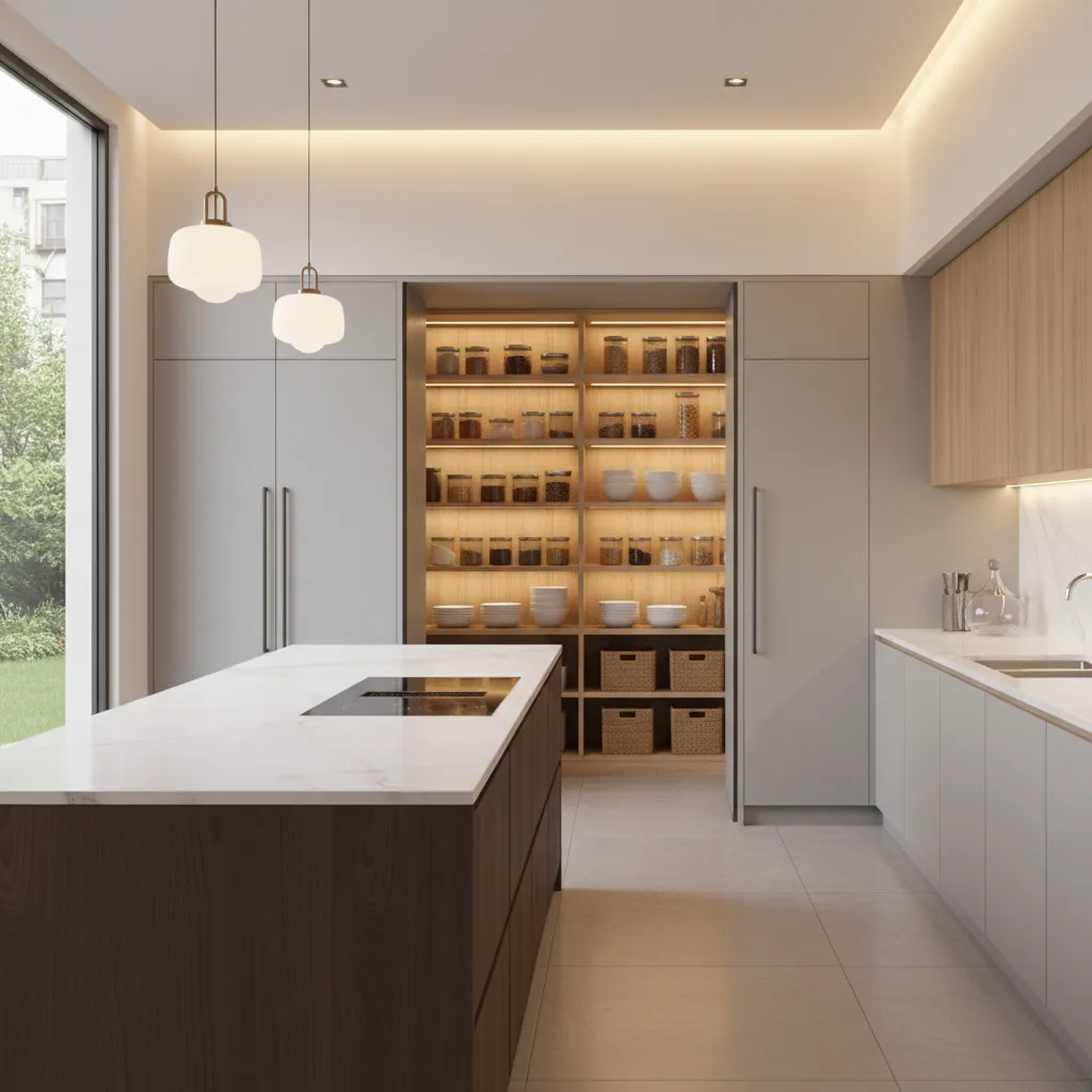 Kitchen layout showing walk-in pantry near cooking area