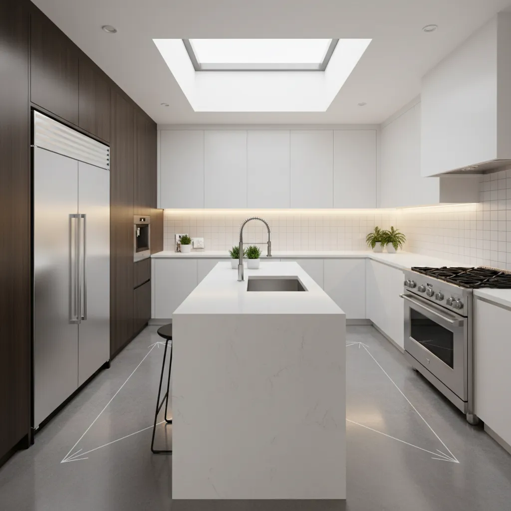 kitchen work triangle diagram showing refrigerator sink and range workflow