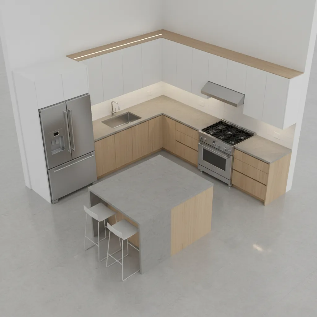 Kitchen cabinet layout showing sink stove and refrigerator work triangle