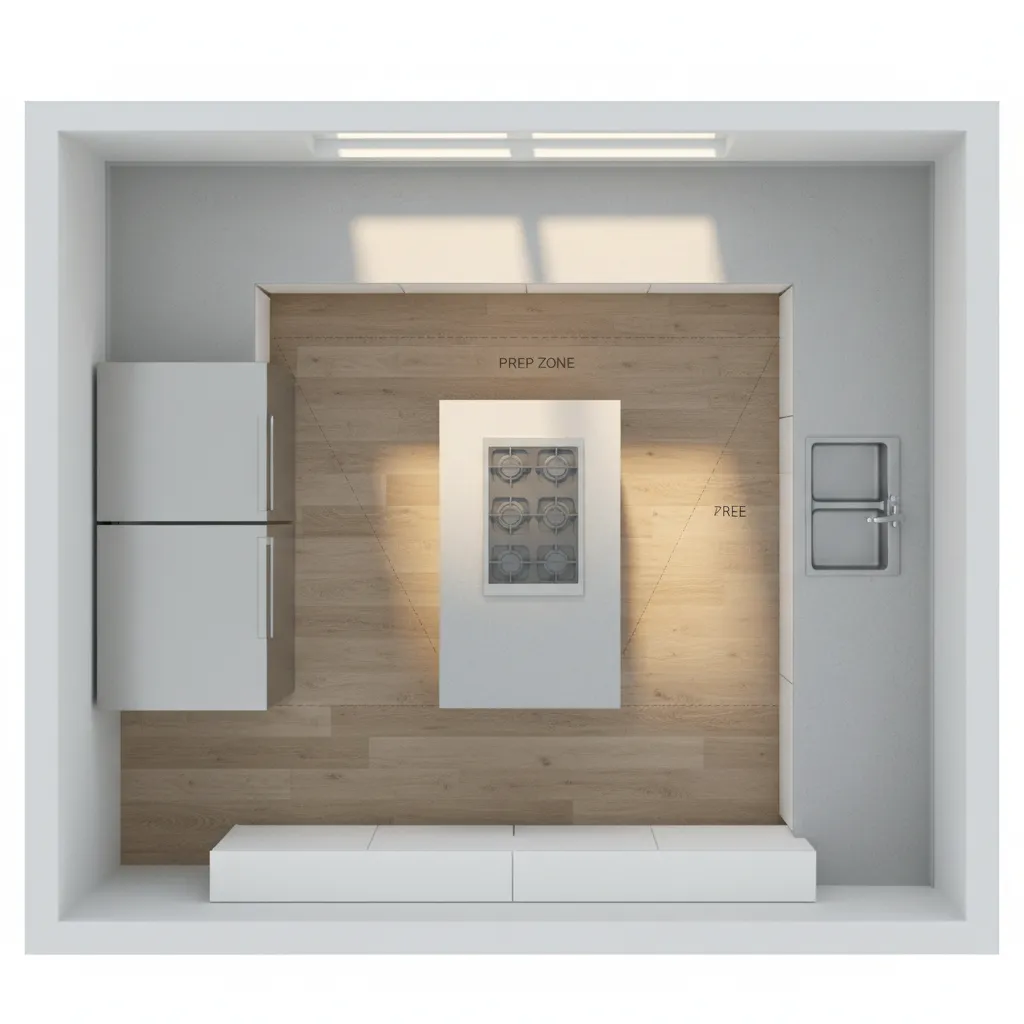 Kitchen work triangle layout showing sink stove and refrigerator spacing