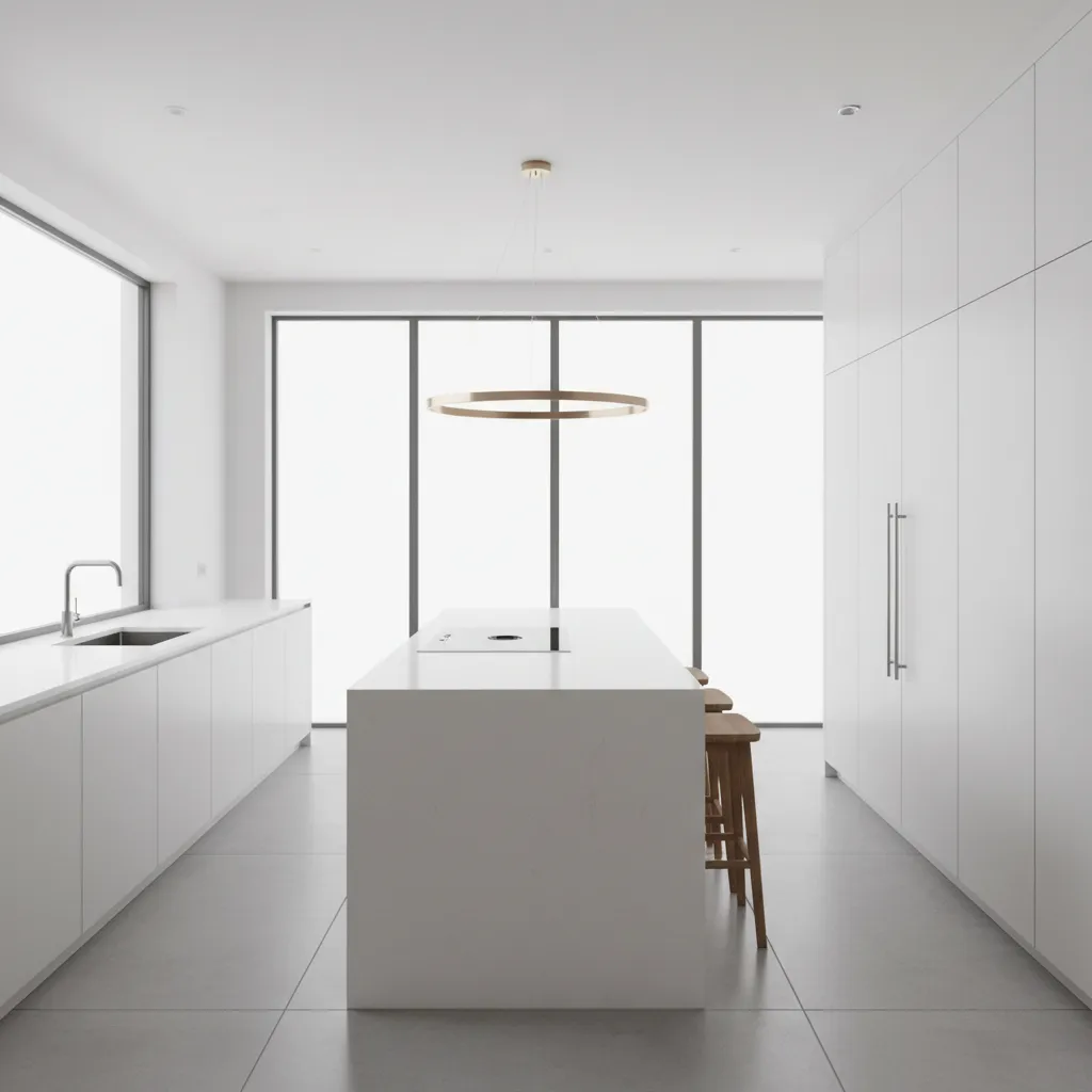 Cocina moderna mostrando distribución funcional entre fregadero, placa y frigorífico