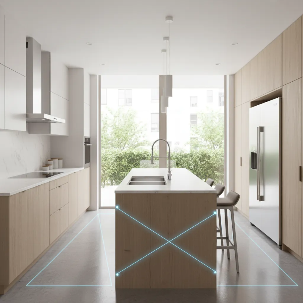 Modern kitchen design showing a work triangle diagram between the sink stove and large refrigerator