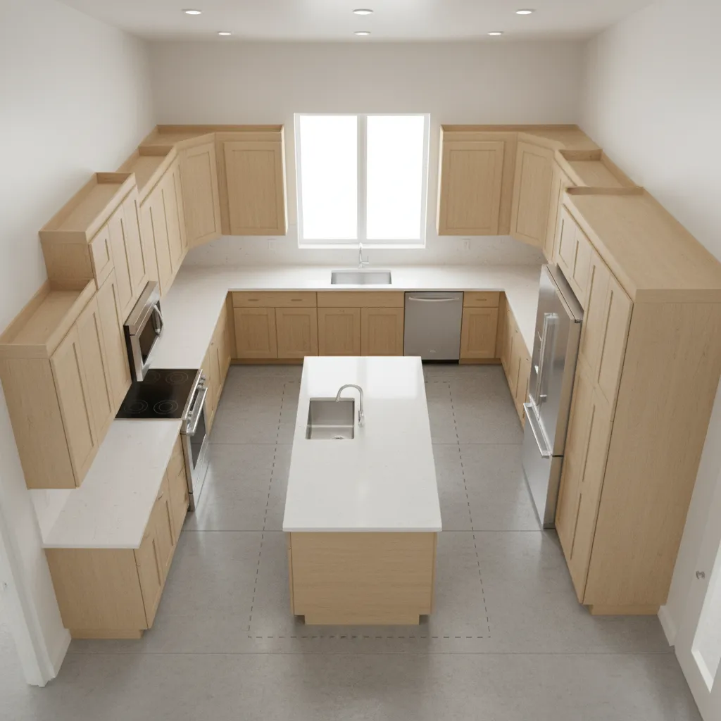 Kitchen layout diagram showing triangle between sink stove and refrigerator