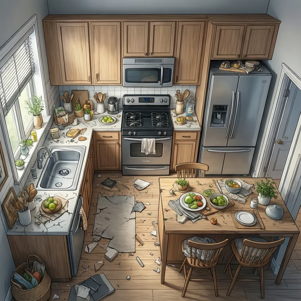 Interior design drawing of a messy kitchen with wooden cabinets scattered food and broken floor