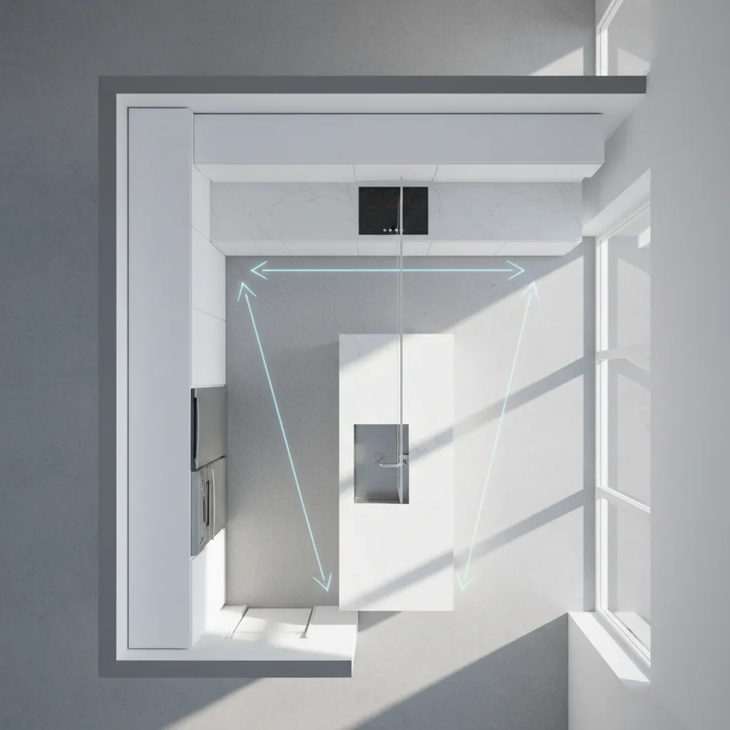 Kitchen work triangle layout between refrigerator sink and cooktop