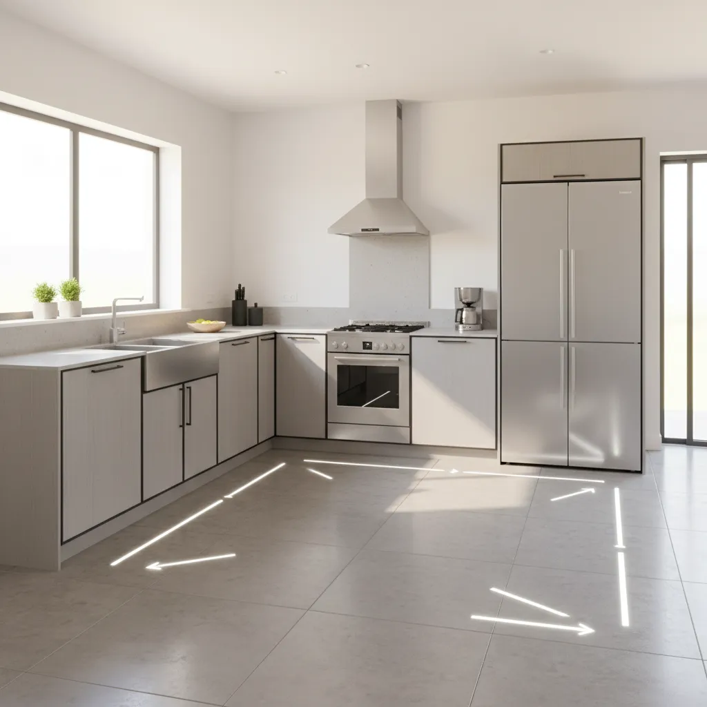 L-shaped kitchen showing sink stove and refrigerator work triangle