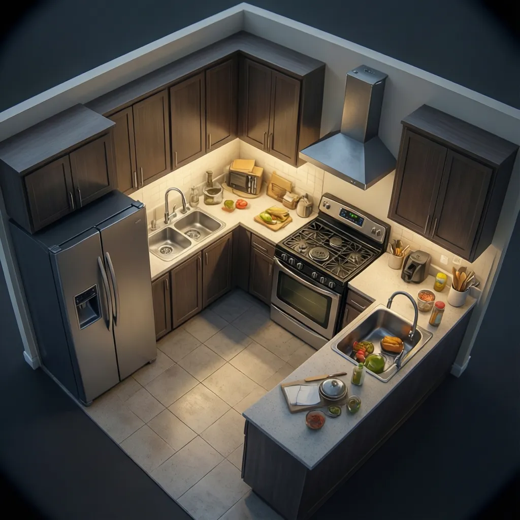 Kitchen showing refrigerator sink and stove forming a work triangle