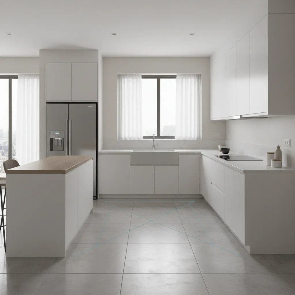 Kitchen work triangle showing sink refrigerator and stove placement in a small kitchen